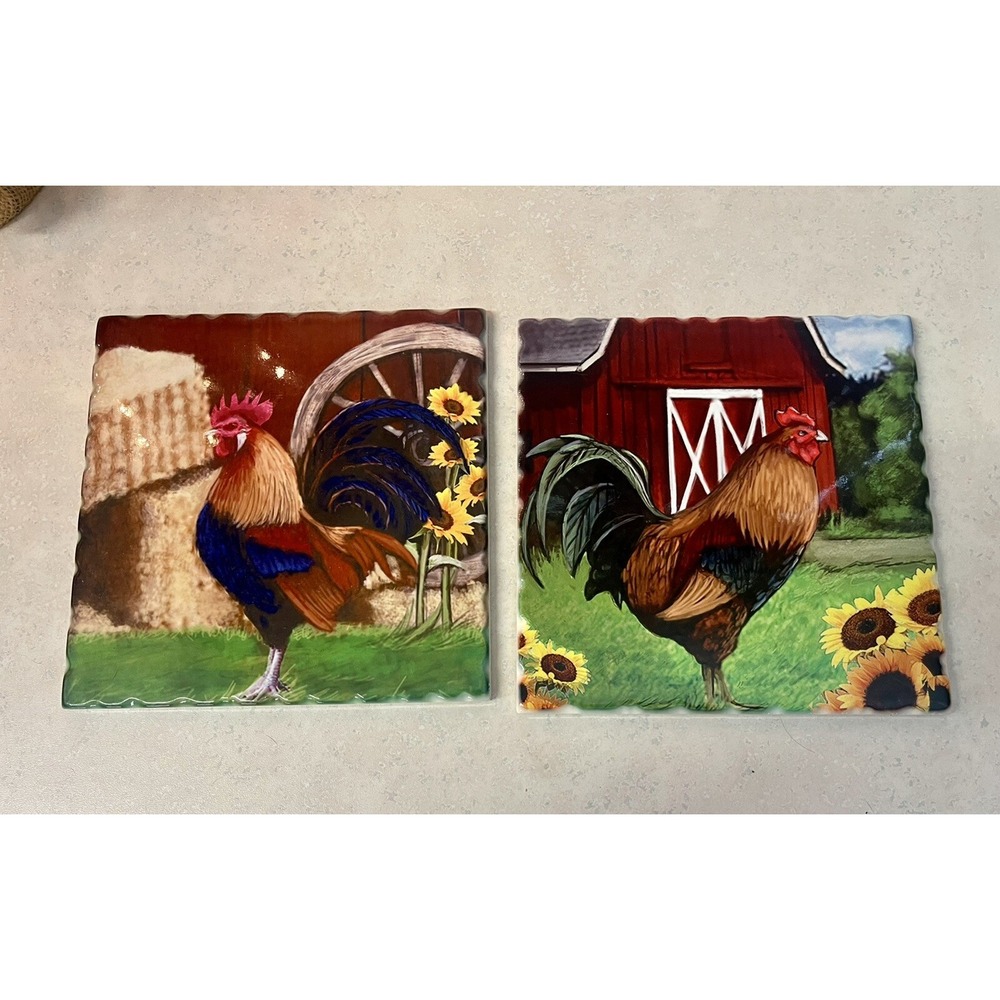 Set Of 2 Retro 1980's Red Shed Rooster 8" Square Cork Backed Ceramic Tile Trivet